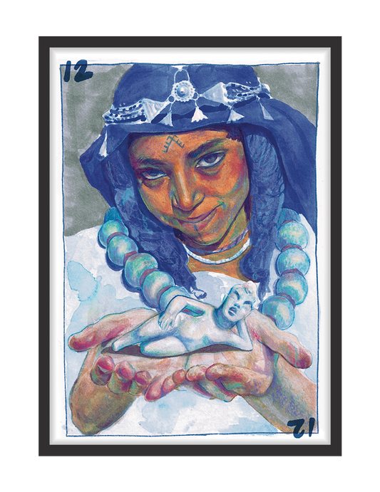 Reina 3 by Ibouyen: watercolour portrait of an Amazigh woman in a silver headdress holding a small white bird