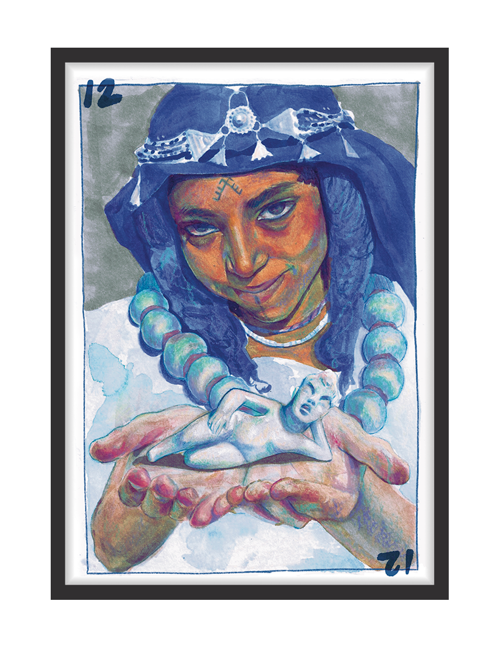 Reina 3 by Ibouyen: watercolour portrait of an Amazigh woman in a silver headdress holding a small white bird