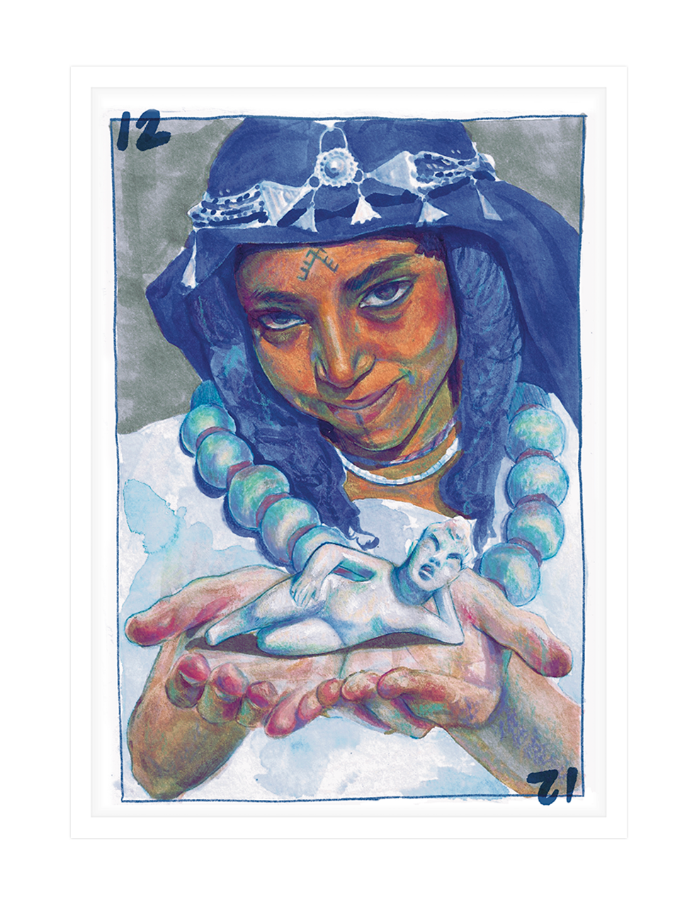 Reina 3 by Ibouyen: watercolour portrait of an Amazigh woman in a silver headdress holding a small white bird